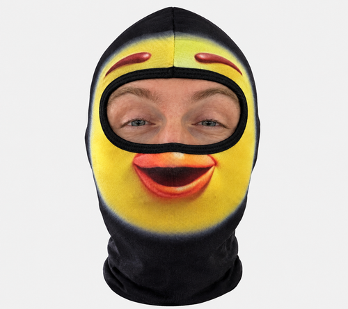 Chick Head Mask: zwarte balaclava met geel kuikengezicht en oranje snavel